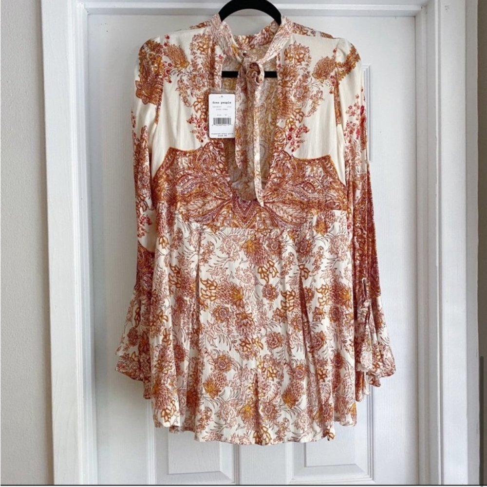 NWT FREE PEOPLE Lady Luck Tunic Dress Rust Ivory Open Back Tie Long Sleeve XS - Picture 5 of 12